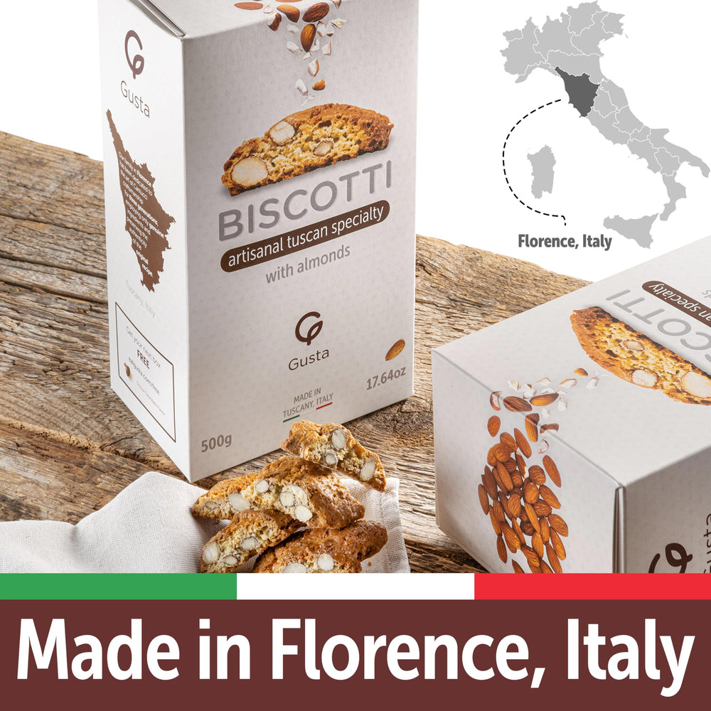 GUSTA almond biscotti close-up, genuine ingredients and warm color.