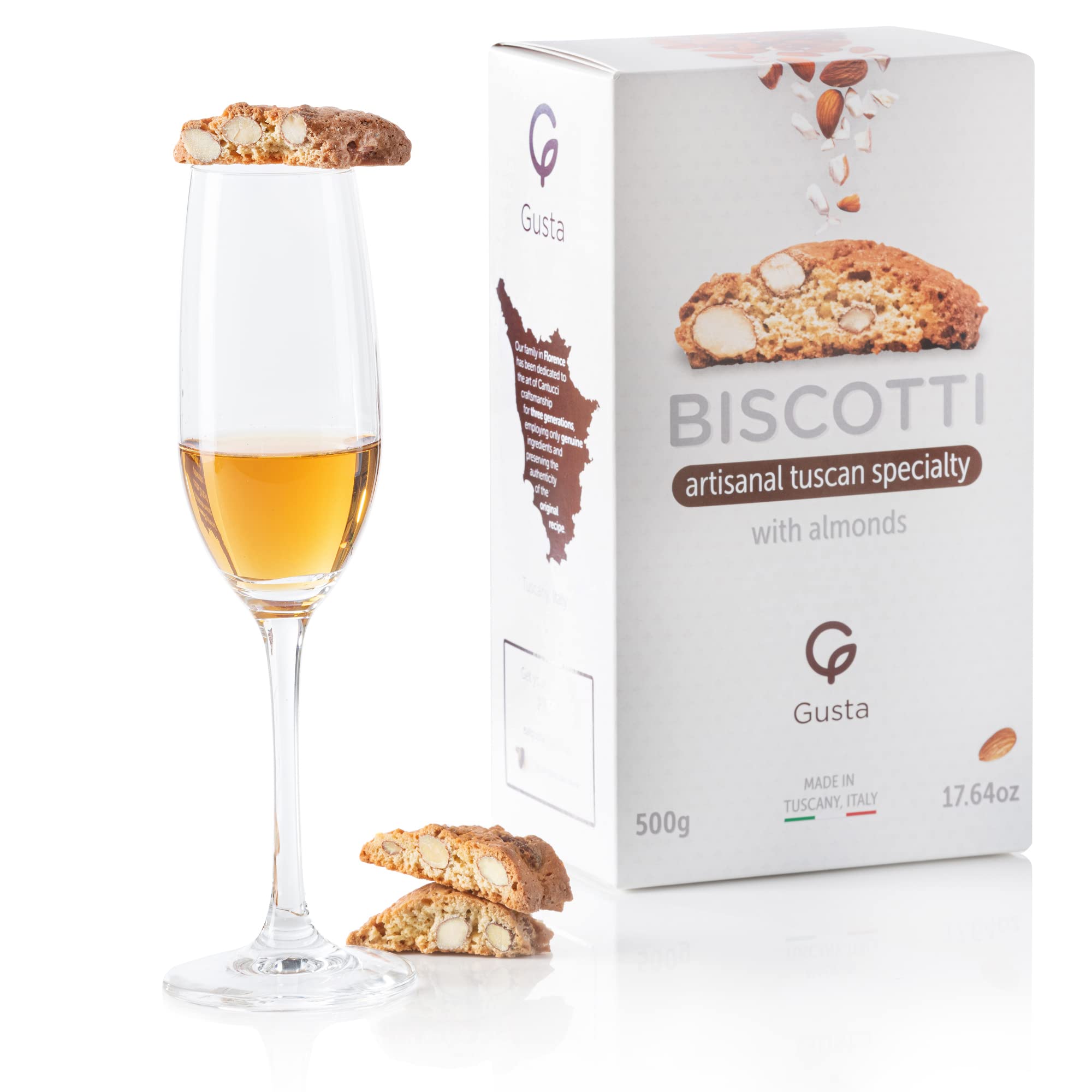 GUSTA biscotti packaging shown in eco-friendly bags, freshness guaranteed.