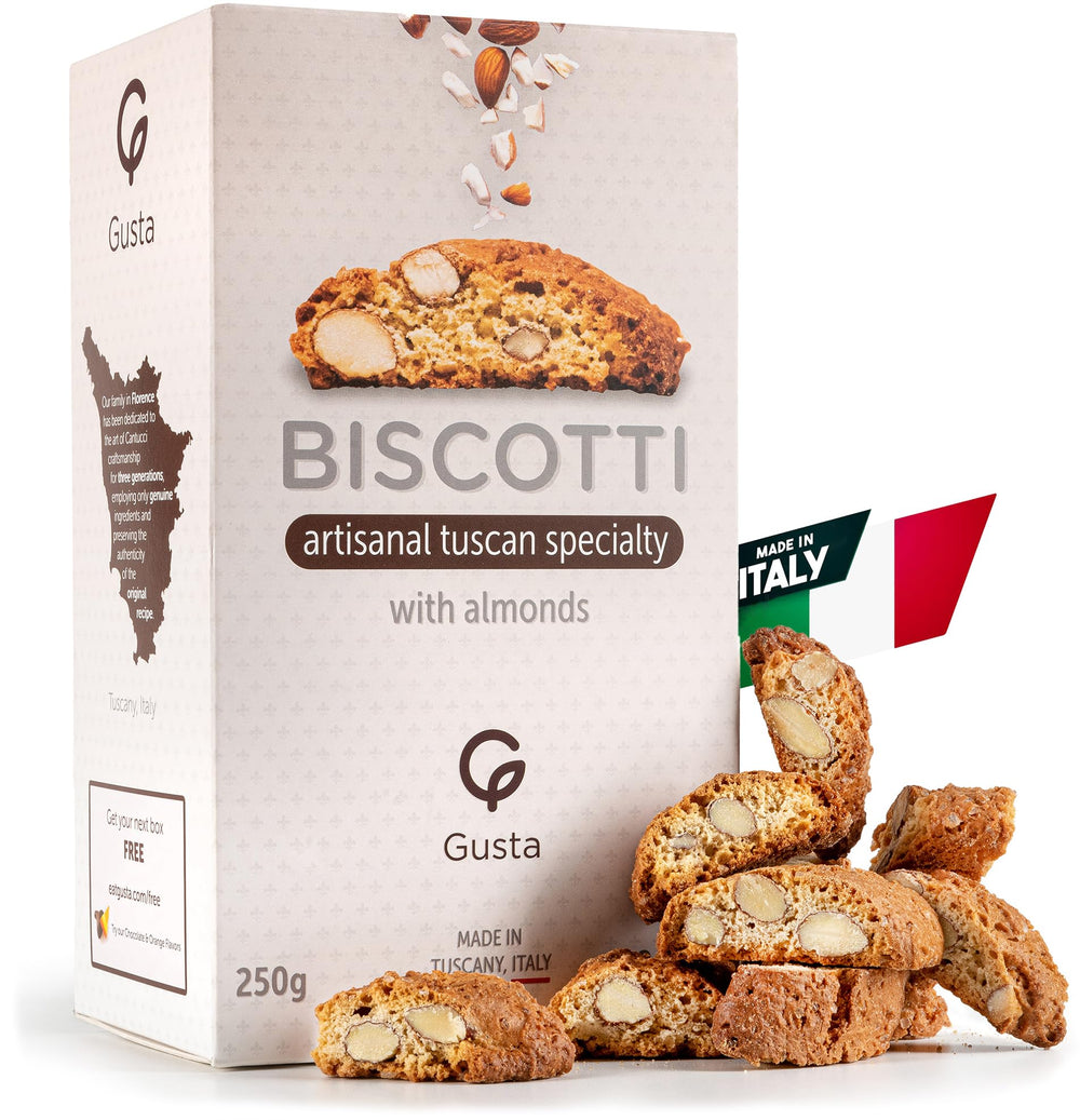 GUSTA original almond biscotti in Tuscany packaging, ideal with coffee.