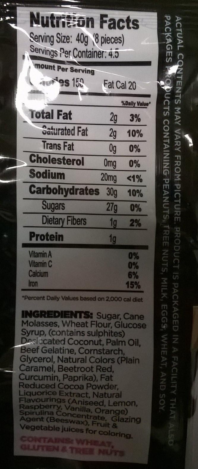 Gustaf's AllSorts licorice peg bag label displaying ingredients and flavor variety.