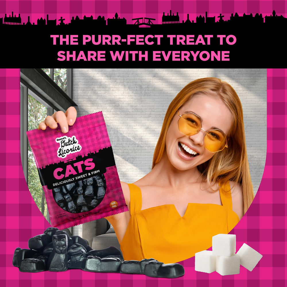 Three-pack display of Gustaf's Dutch Licorice Cats, perfect for gifting and parties.