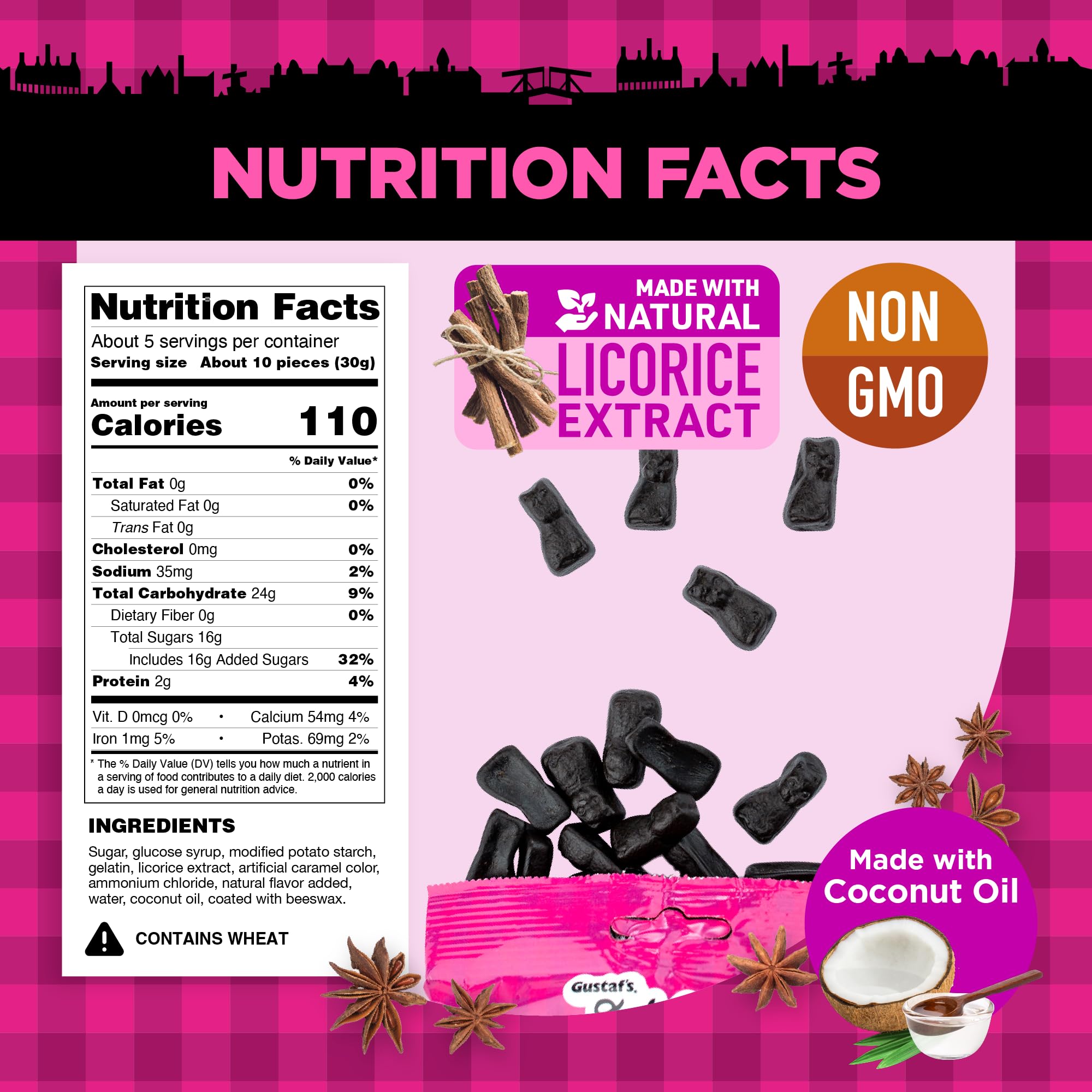 Close-up of Gustaf's Dutch Licorice Cats bags highlighting bold black licorice flavor.