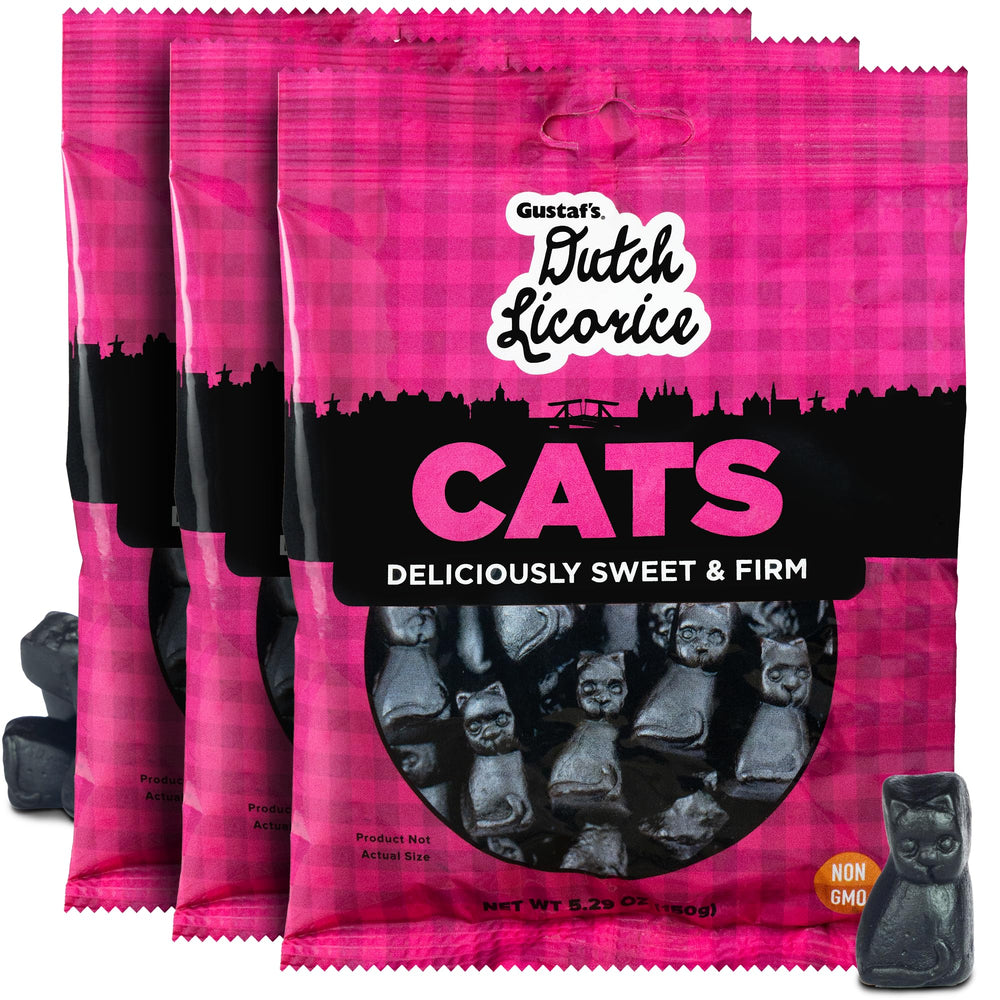 Gustaf's Dutch Licorice Cats pack shot showing the 3-pack for sharing and gifting.