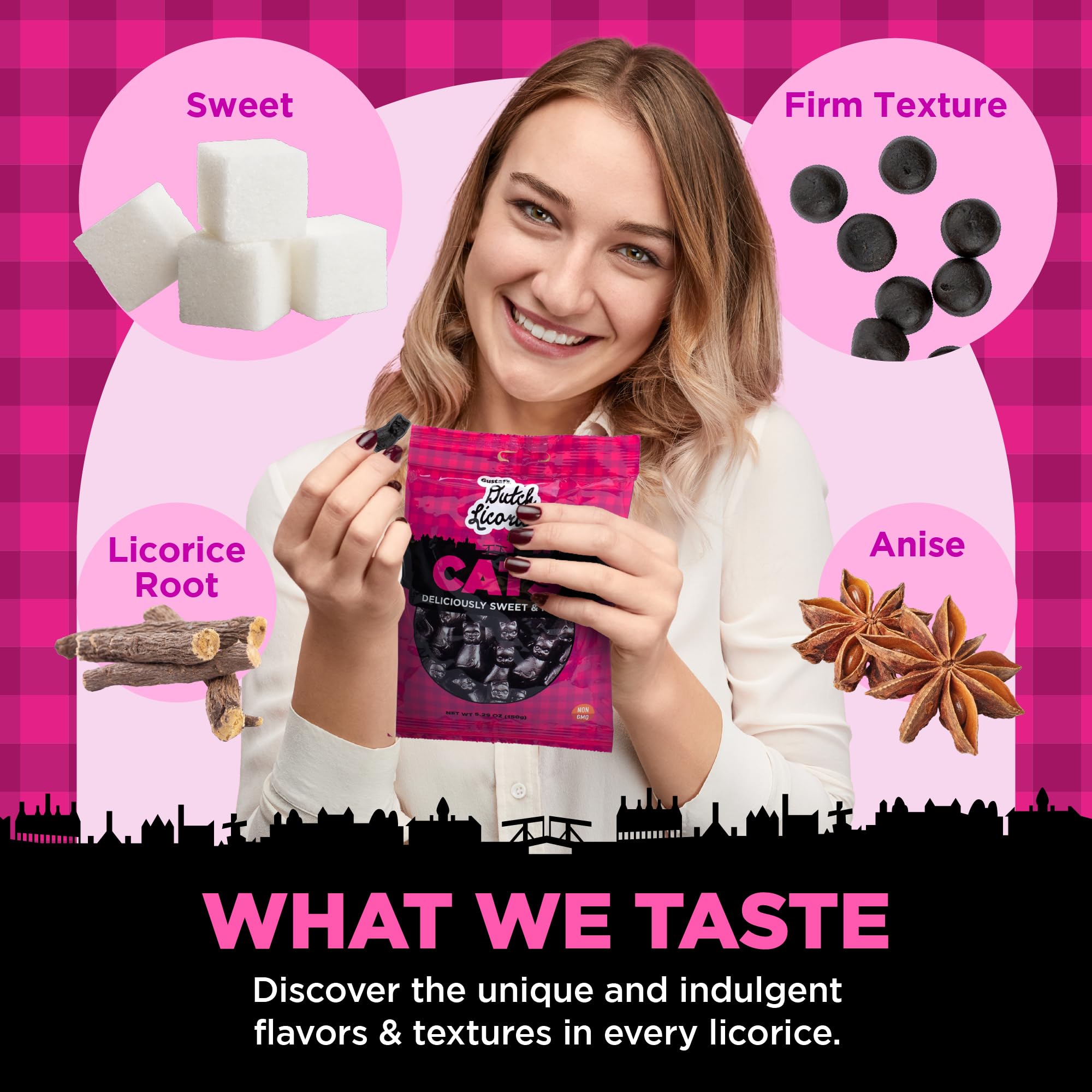 Close-up of the firm bite and rich texture of Gustaf's licorice cats.