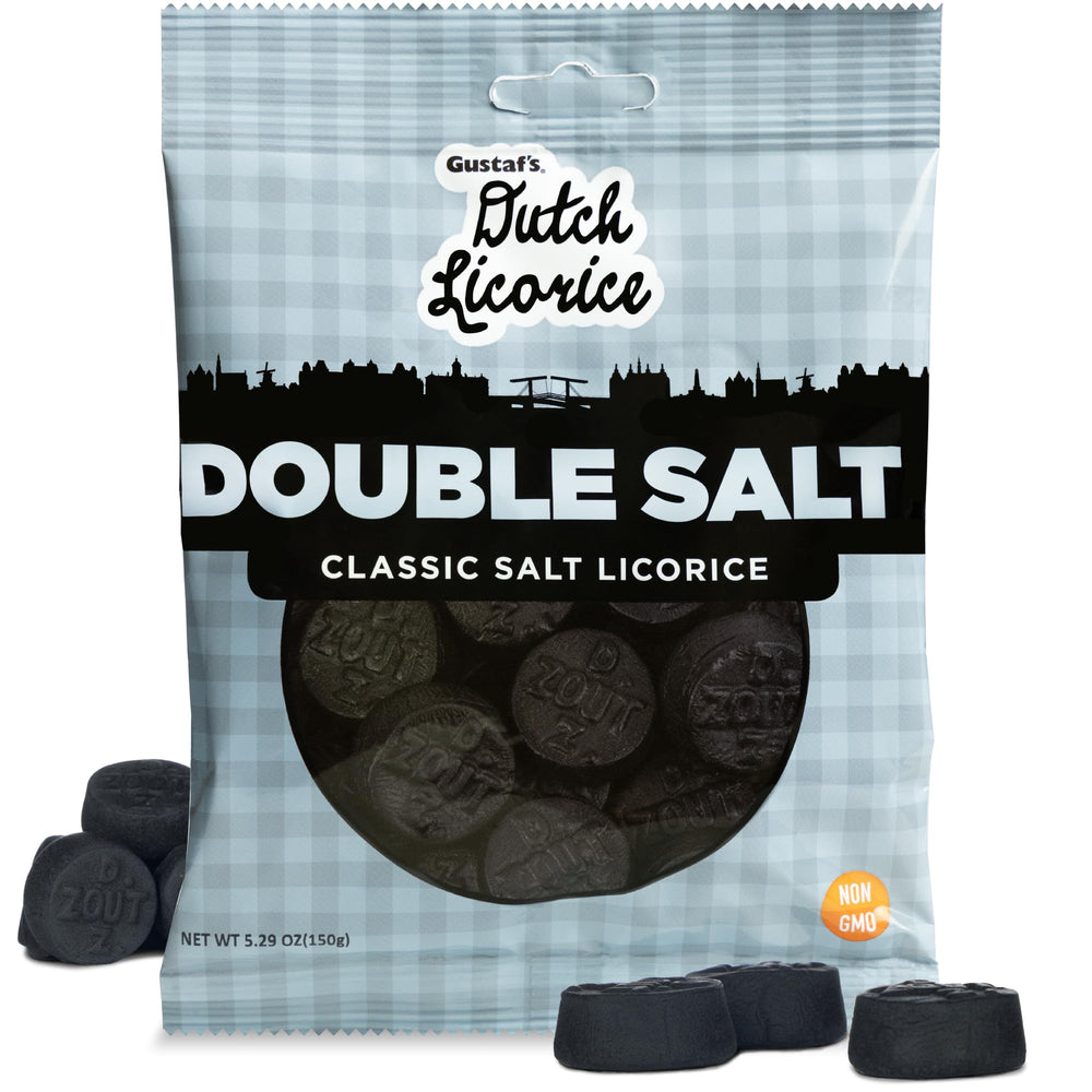 Gustaf's Dutch licorice coins double salt pack, bold flavor for connoisseurs.