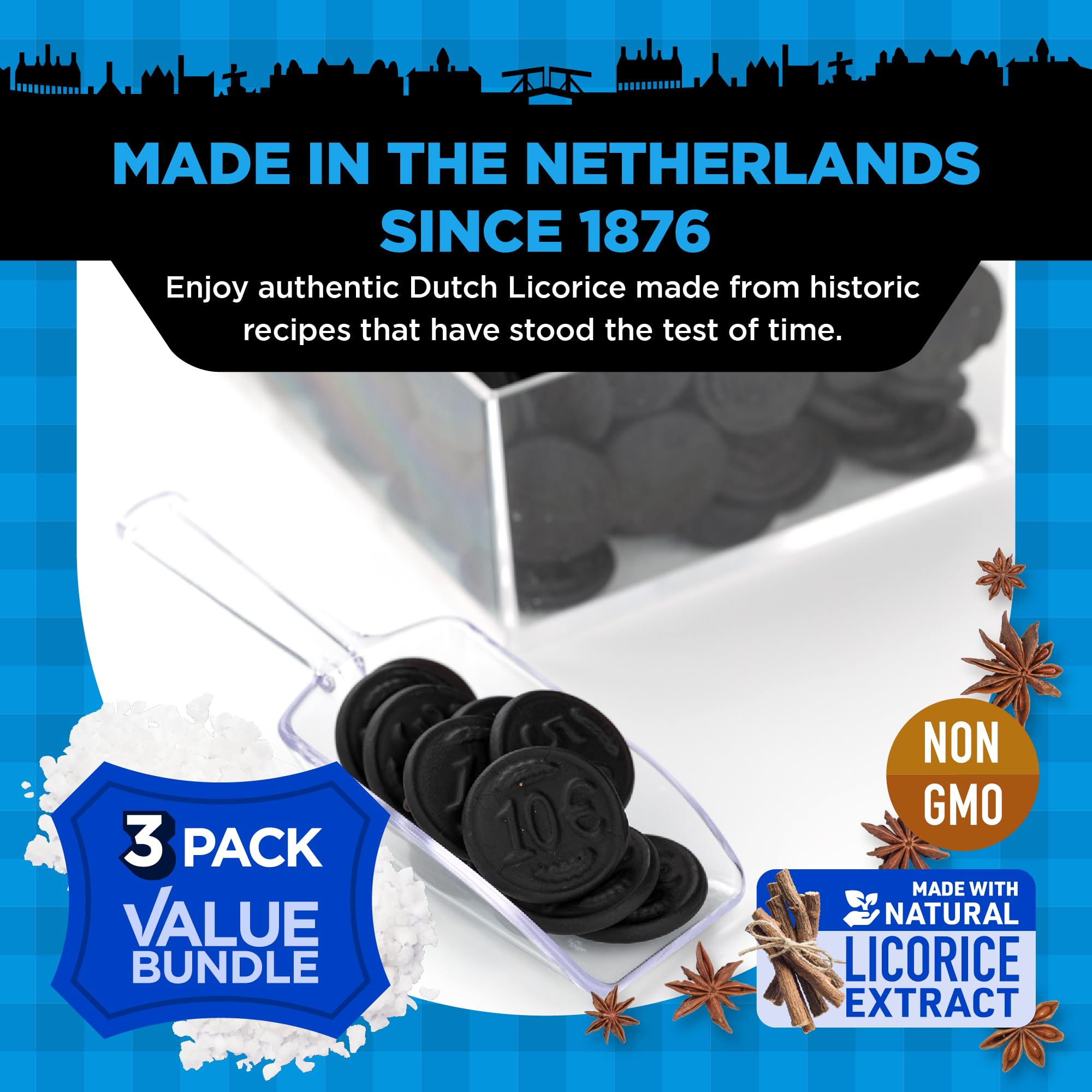 Gustaf's Salted Dutch Licorice Coins bag front highlighting authentic Dutch tradition in every bite.