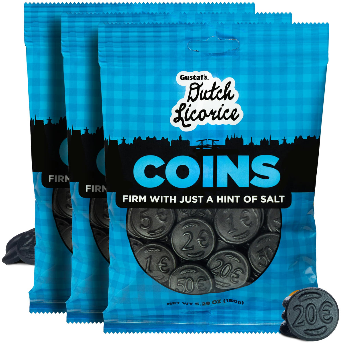 Gustaf's Salted Dutch Licorice Coins pack close-up showcasing bold flavor and premium packaging.