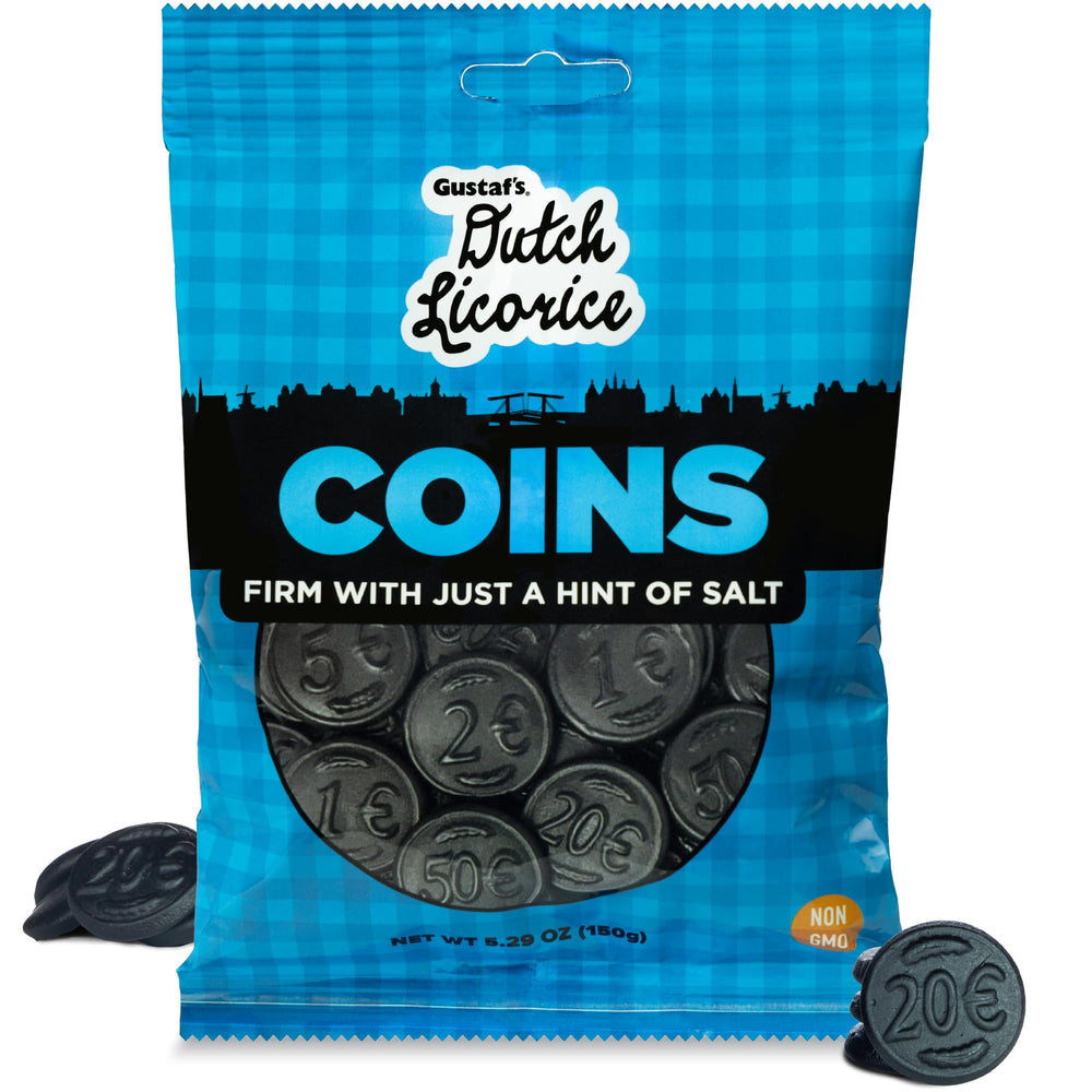 Gustaf's Salted Dutch Licorice Coins pack shows premium flavor and gifting appeal.