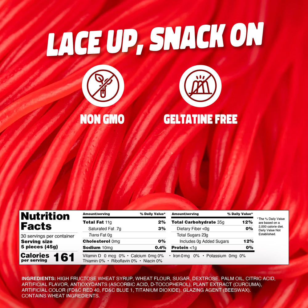 Gustaf's Strawberry Laces close-up texture highlights chewy bite