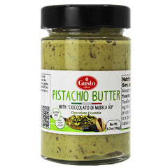 GUSTO ETNA Pistachio Butter with Chocolate Chips in a jar, creamy spread for toast and desserts.