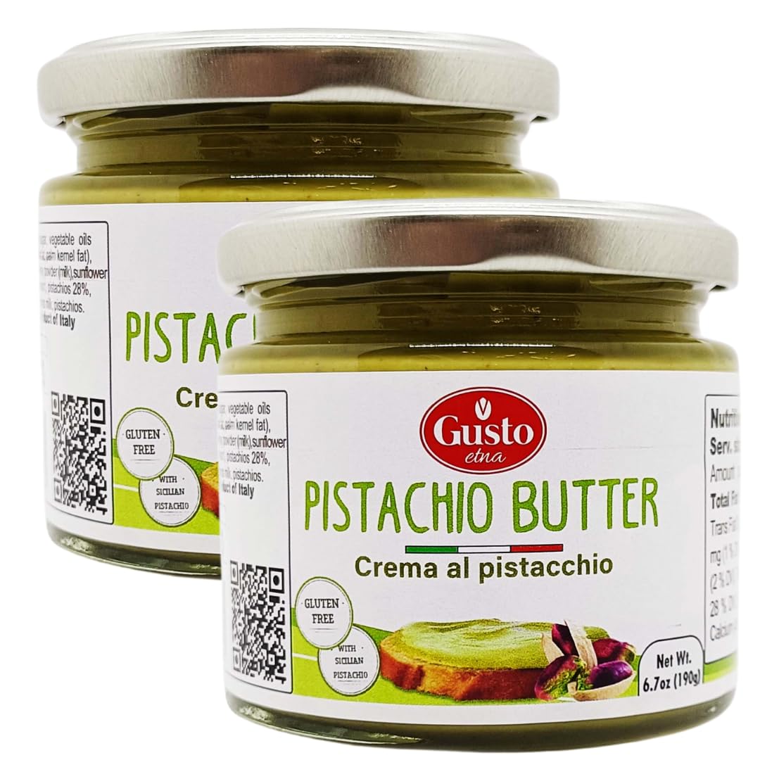 GUSTO ETNA Pistachio Butter Jar shows rich, creamy texture ideal for spreading.