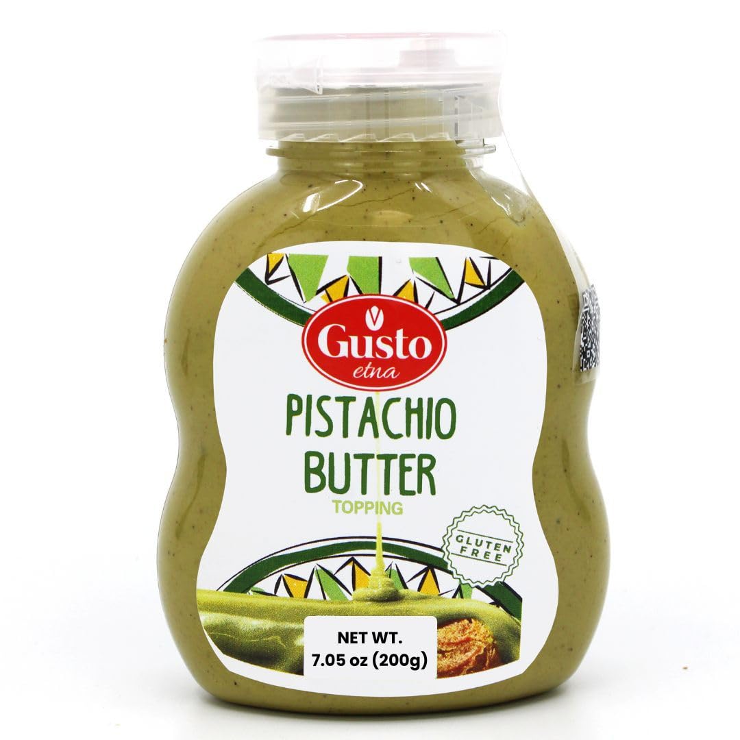 GUSTO ETNA Pistachio Cream bottle close-up highlighting premium Italian pistachios