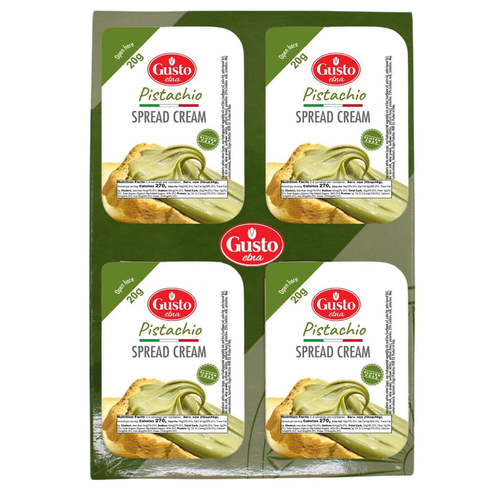 Gusto Etna Pistachio Cream Cups 4-pack 20g closeup texture highlights creamy, luxurious spread.