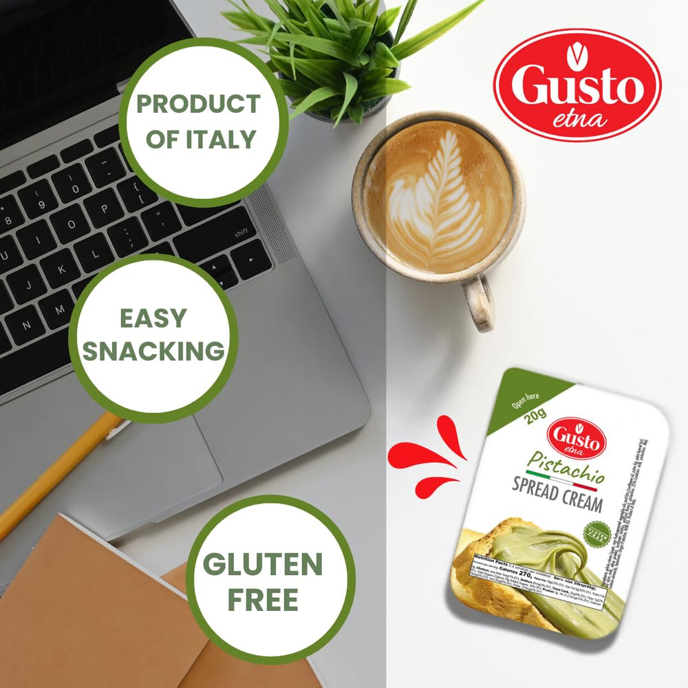 Gusto Etna Pistachio Cream Cups 4-pack spread-on-bread usage highlights gluten-free versatility.
