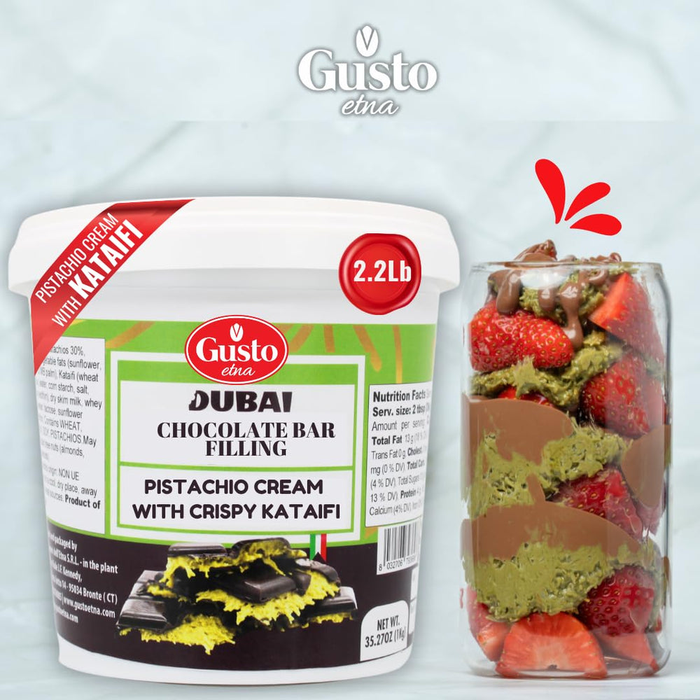 GUSTO ETNA pistachio cream drizzled over ice cream and pancakes.