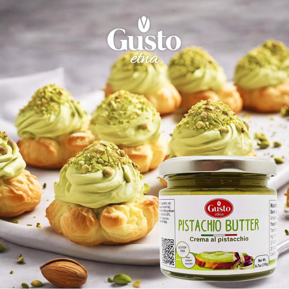GUSTO ETNA Pistachio Cream ingredients close-up, premium Sicilian pistachios.