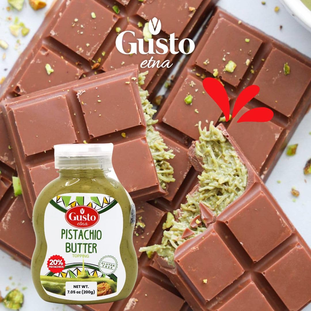 GUSTO ETNA Pistachio Cream display jar emphasizing authenticity