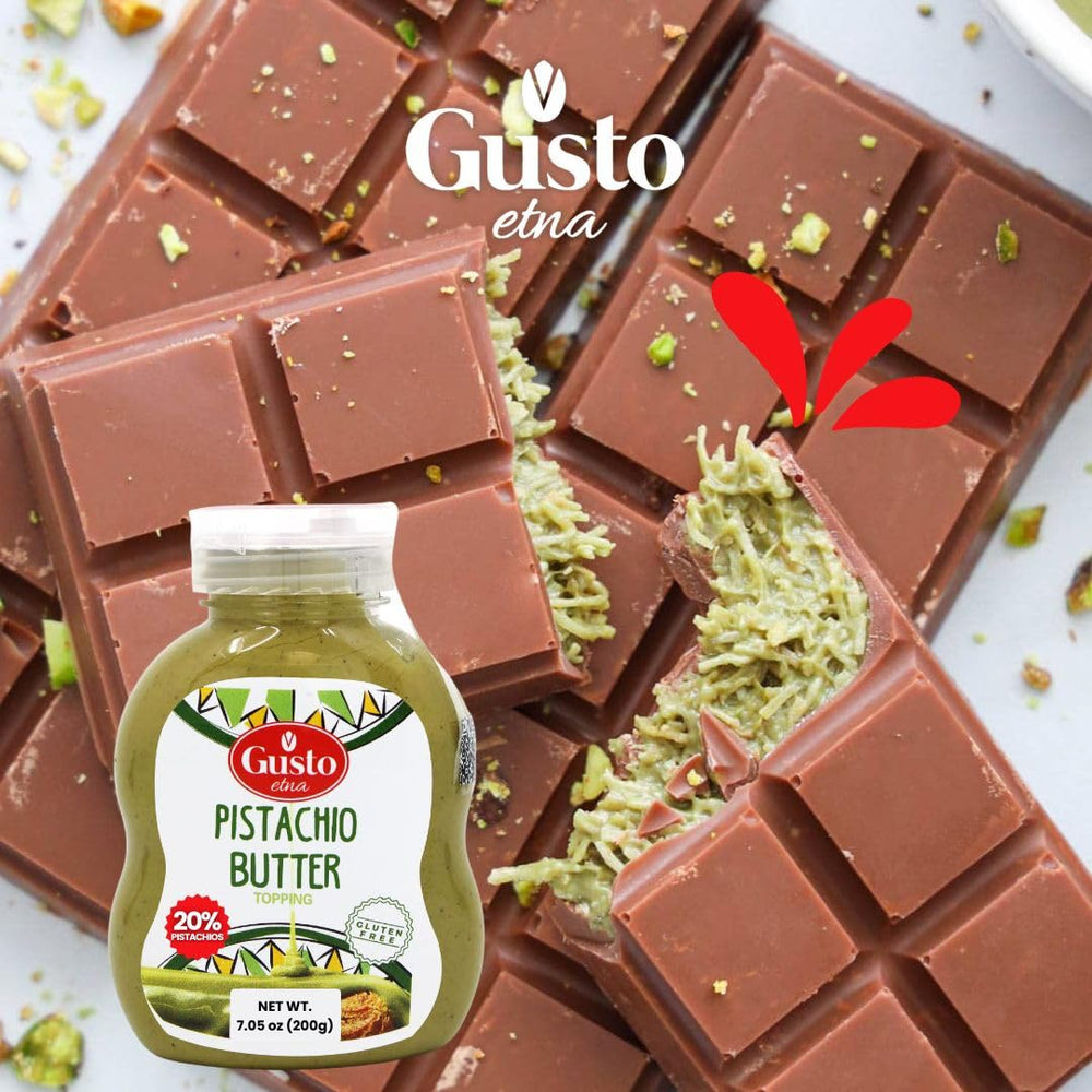 GUSTO ETNA Pistachio Cream display jar emphasizing authenticity