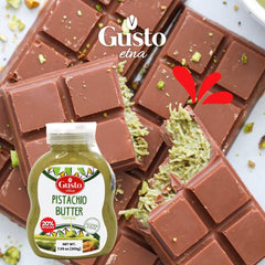 GUSTO ETNA Pistachio Cream display jar emphasizing authenticity