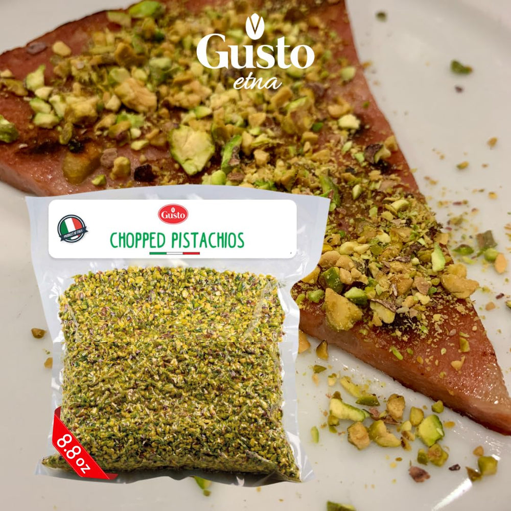 Gusto Etna unsalted pistachios on a baking sheet ready for use.