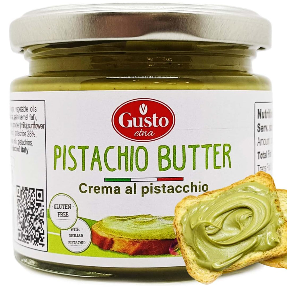GUSTO ETNA Pistachio Cream tub highlighting premium Sicilian pistachios for spreads.