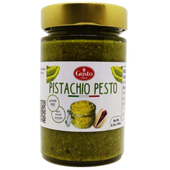 GUSTO ETNA Pistachio Pesto jar showing emerald specks, ideal for pasta