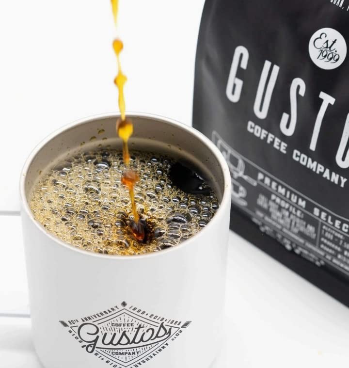 Gustos Coffee Premium Selection label highlights origin and medium roast for espresso