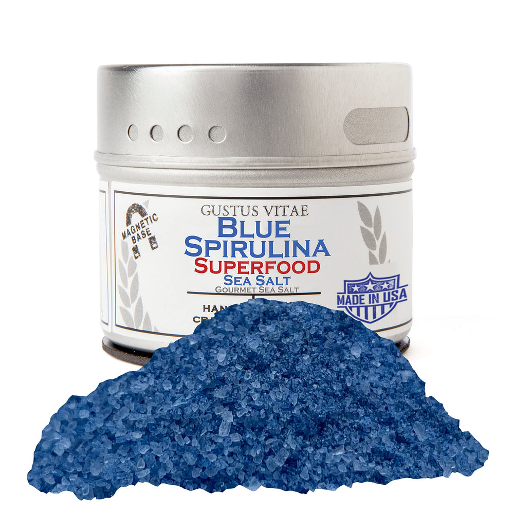 Gustus Vitae Blue Spirulina Sea Salt jar enhances gourmet finishing with color and ocean notes.