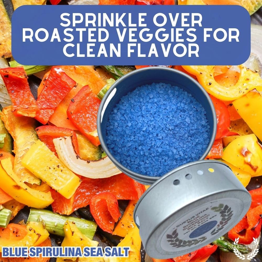 Gustus Vitae Blue Spirulina Sea Salt in a modern kitchen setup for finishing touches.