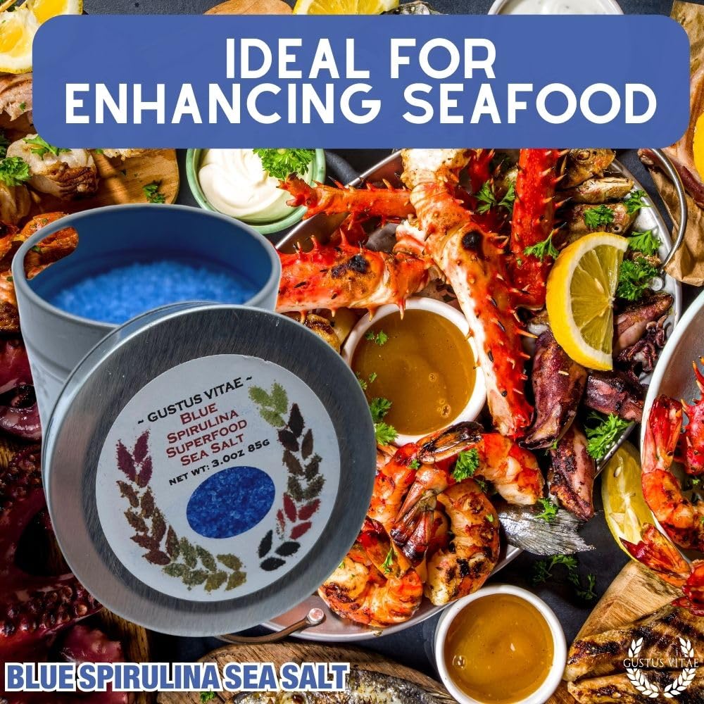 Gustus Vitae Blue Spirulina Sea Salt magnetic tin stores freshness while looking stylish on shelves.