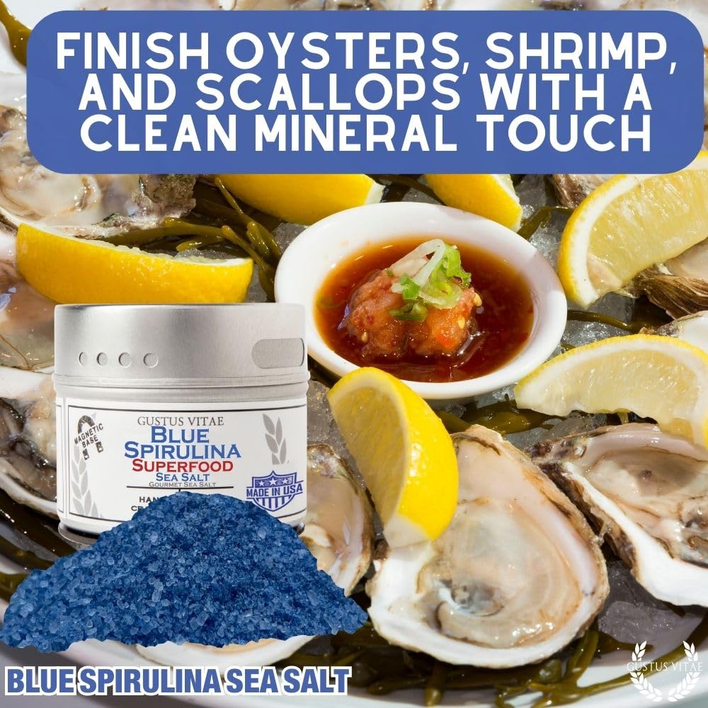Gustus Vitae Blue Spirulina Sea Salt brightens salads with mineral-rich seasoning.