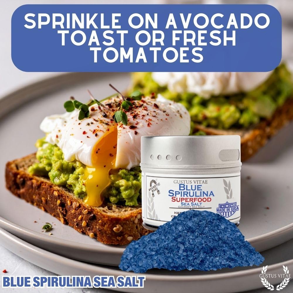 Gustus Vitae Blue Spirulina Sea Salt on a seared steak adds vibrant finish.