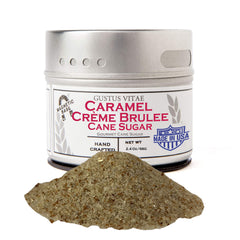 Gustus Vitae caramel creme brulee cane sugar in a magnetic tin for easy reach