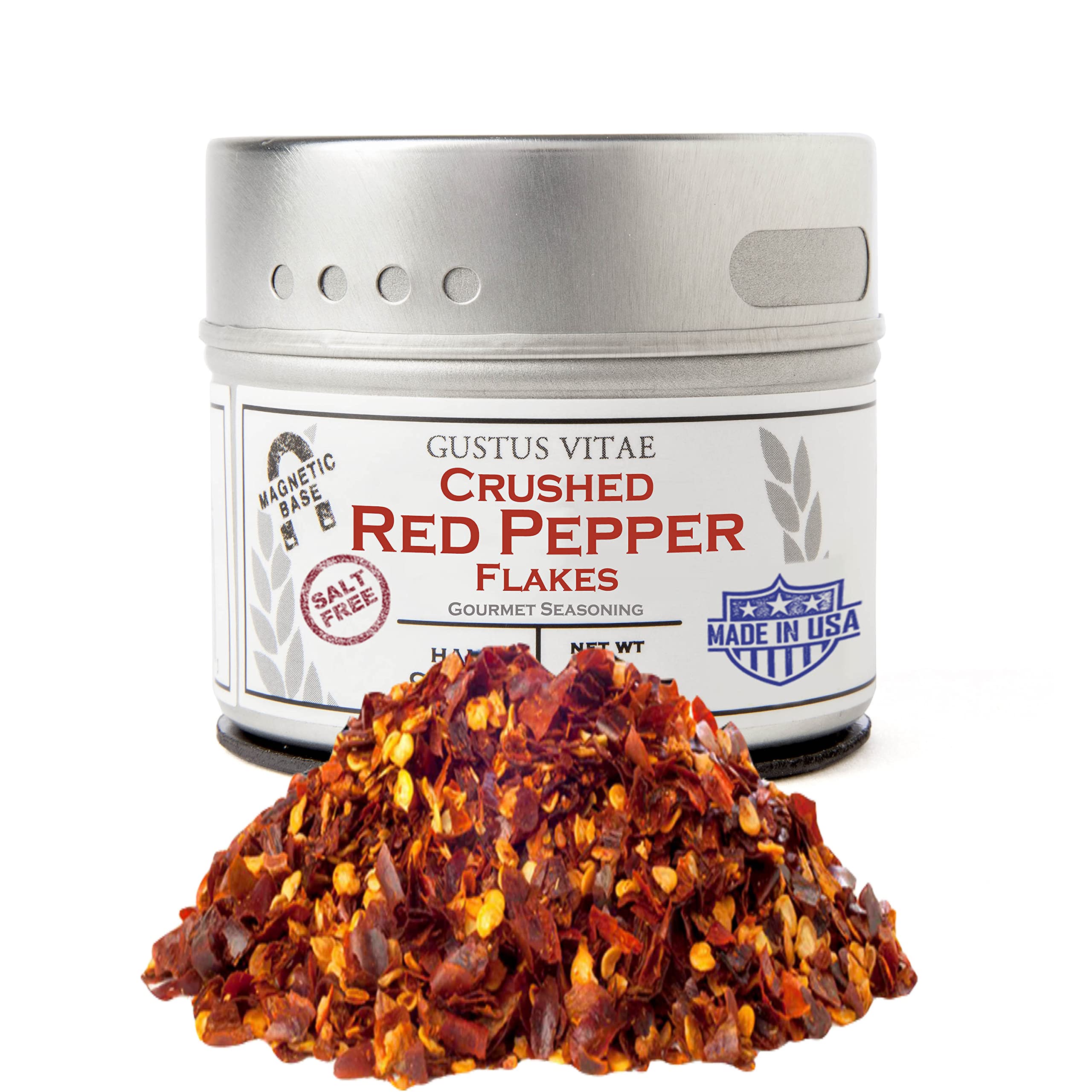 Gustus Vitae Crushed Red Pepper Flakes tin front ready for cooking