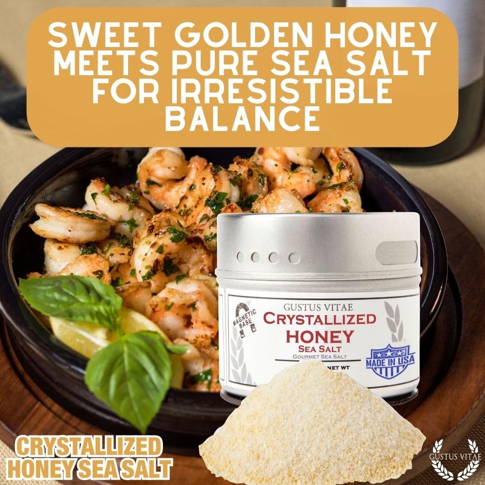 Gustus Vitae honey sea salt crystals in magnetic tin lid for easy storage.