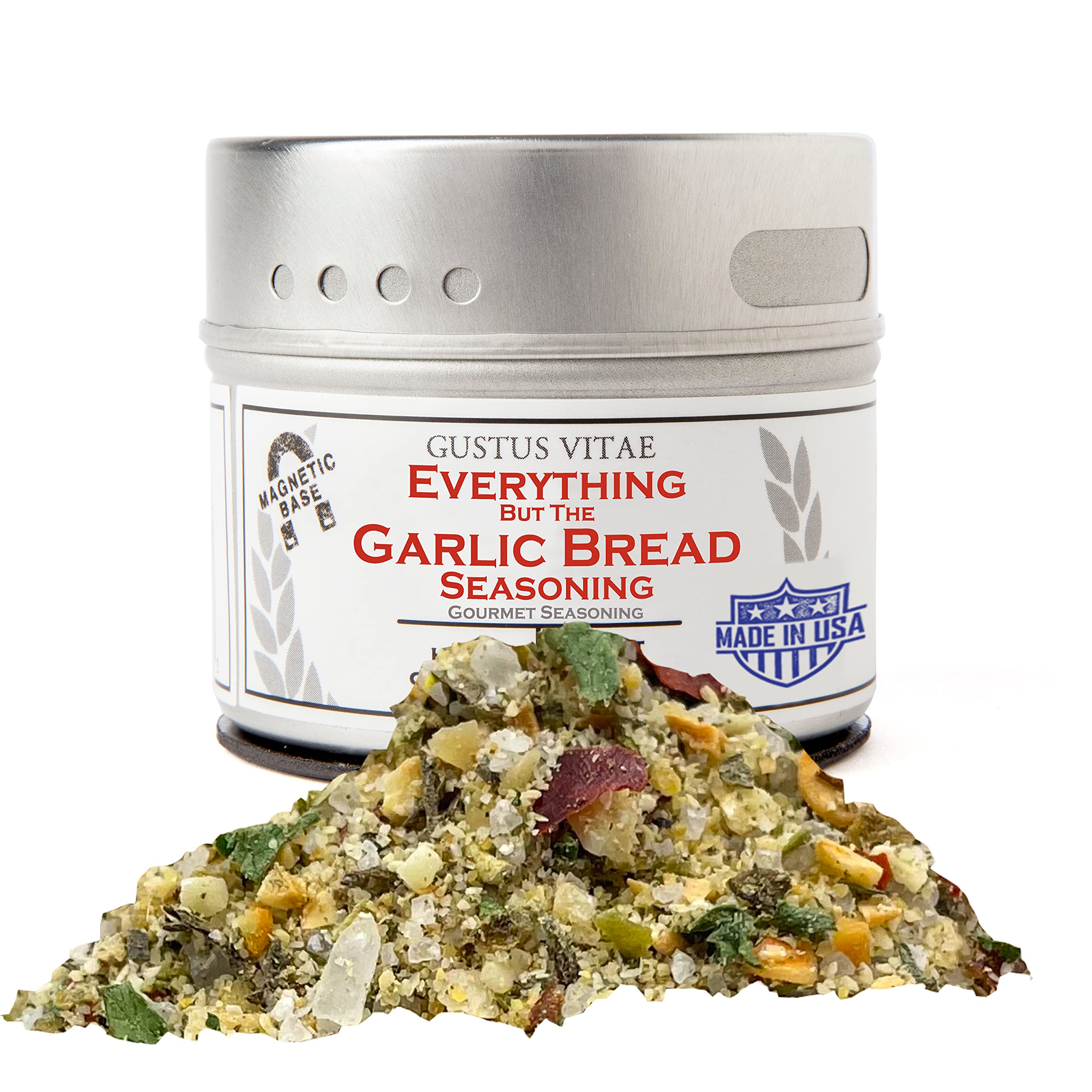 Gustus Vitae Everything But The Garlic Bread seasoning tin label adding gourmet pantry appeal