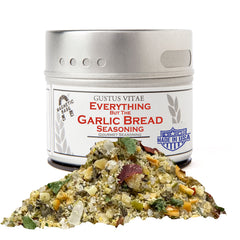 Gustus Vitae Everything But The Garlic Bread seasoning tin label adding gourmet pantry appeal