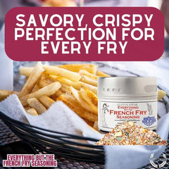 Golden fries seasoned with Gustus Vitae blend on a plate