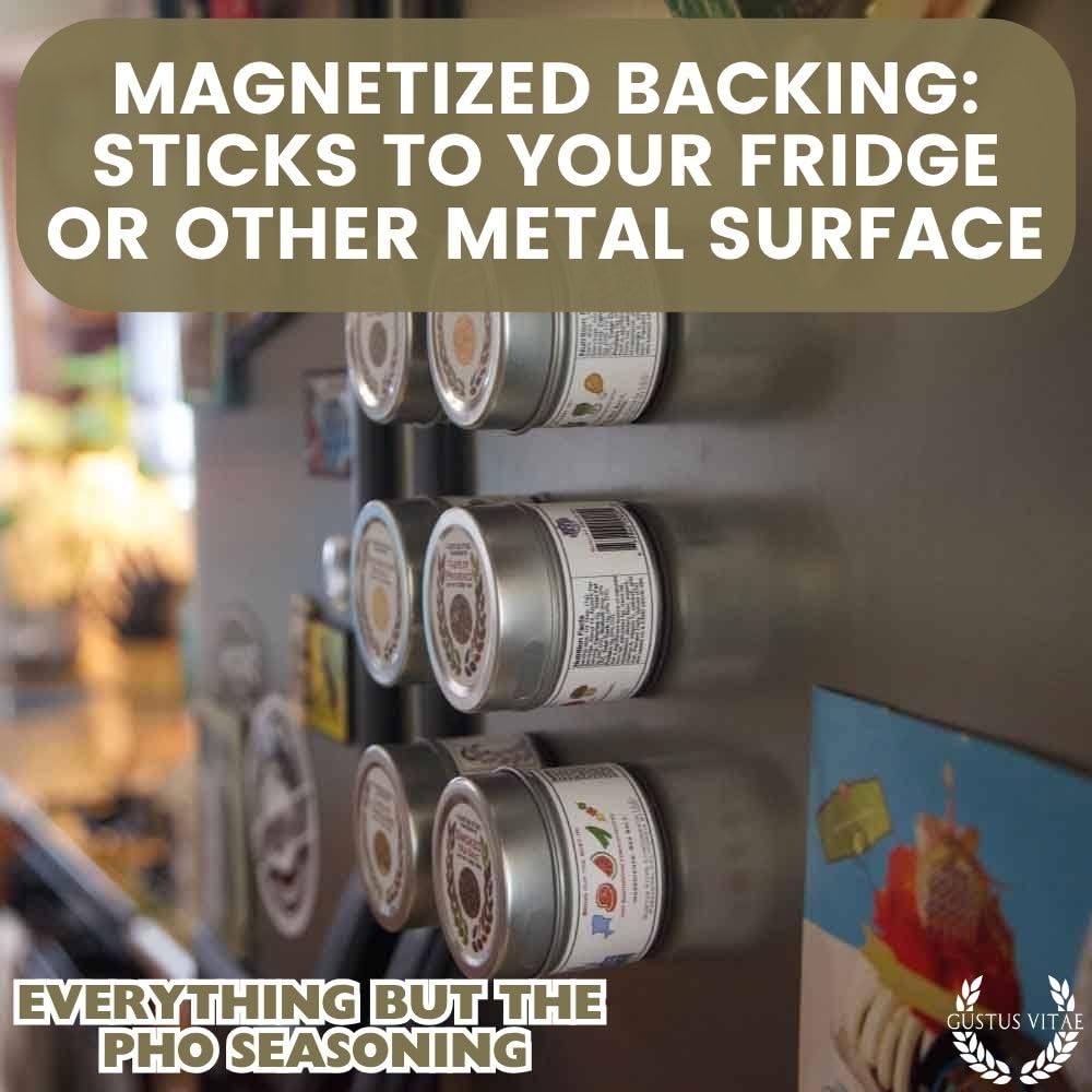 Gustus Vitae Everything But The Pho magnetic tin seal emphasizes secure storage and easy access.