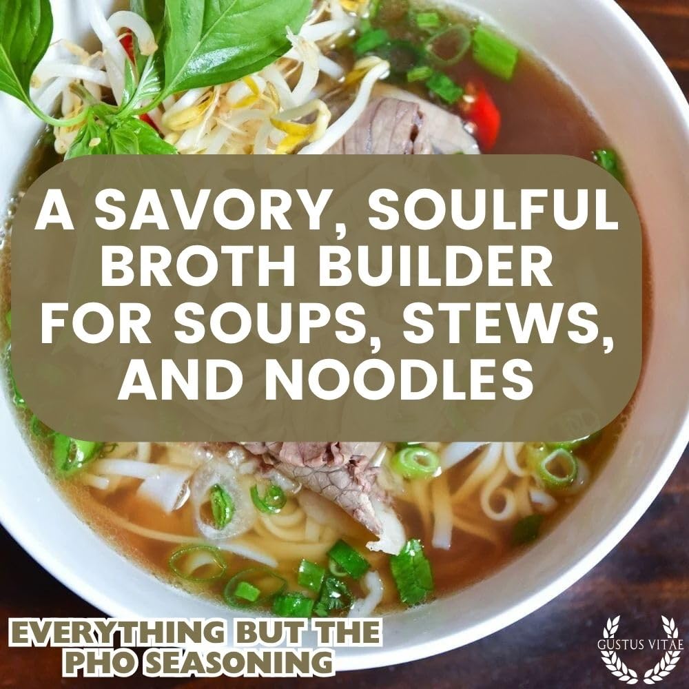 Gustus Vitae Everything But The Pho small-batch label conveys artisanal craftsmanship and quality.