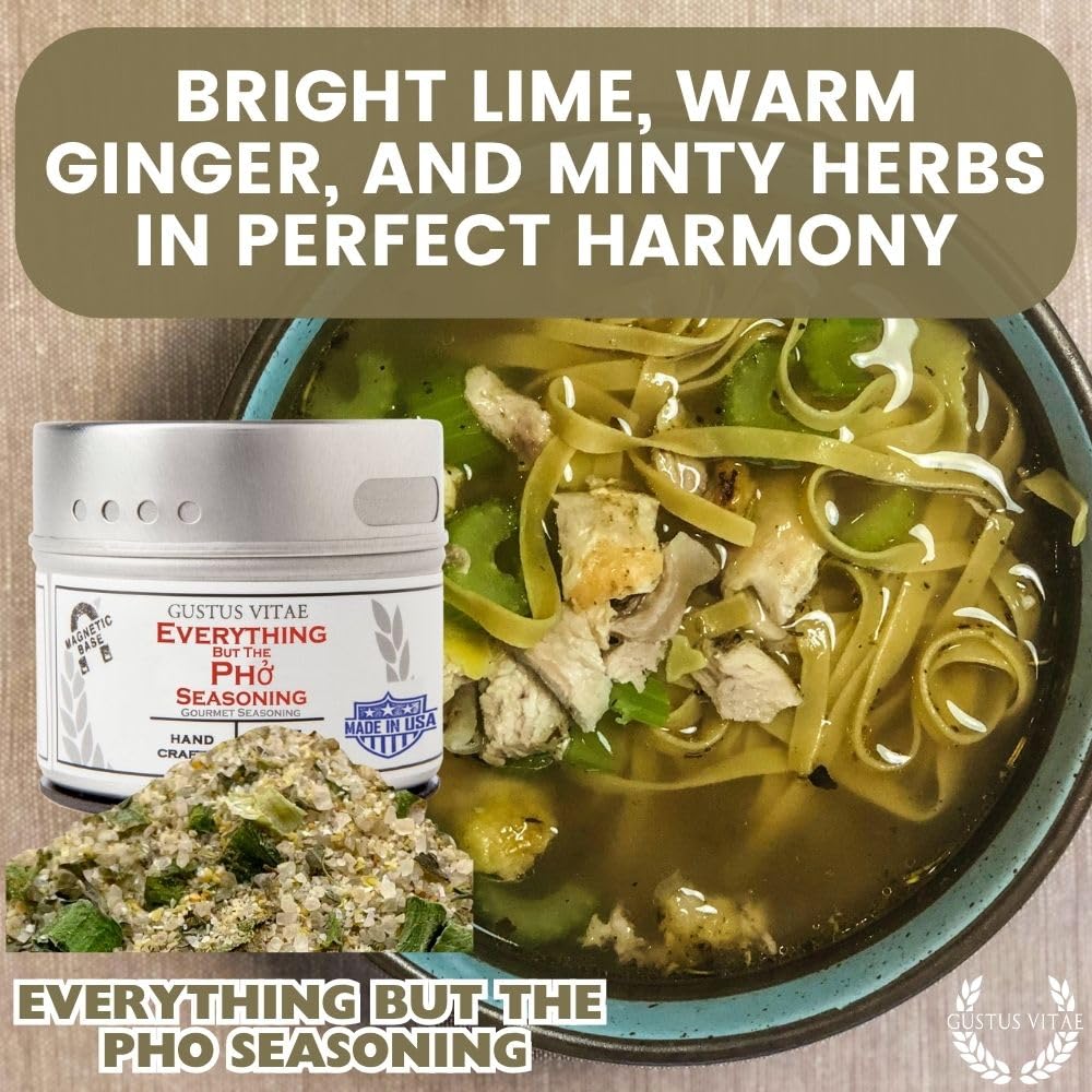 Gustus Vitae Everything But The Pho spice blend closeup highlights texture and aromatic herbs.