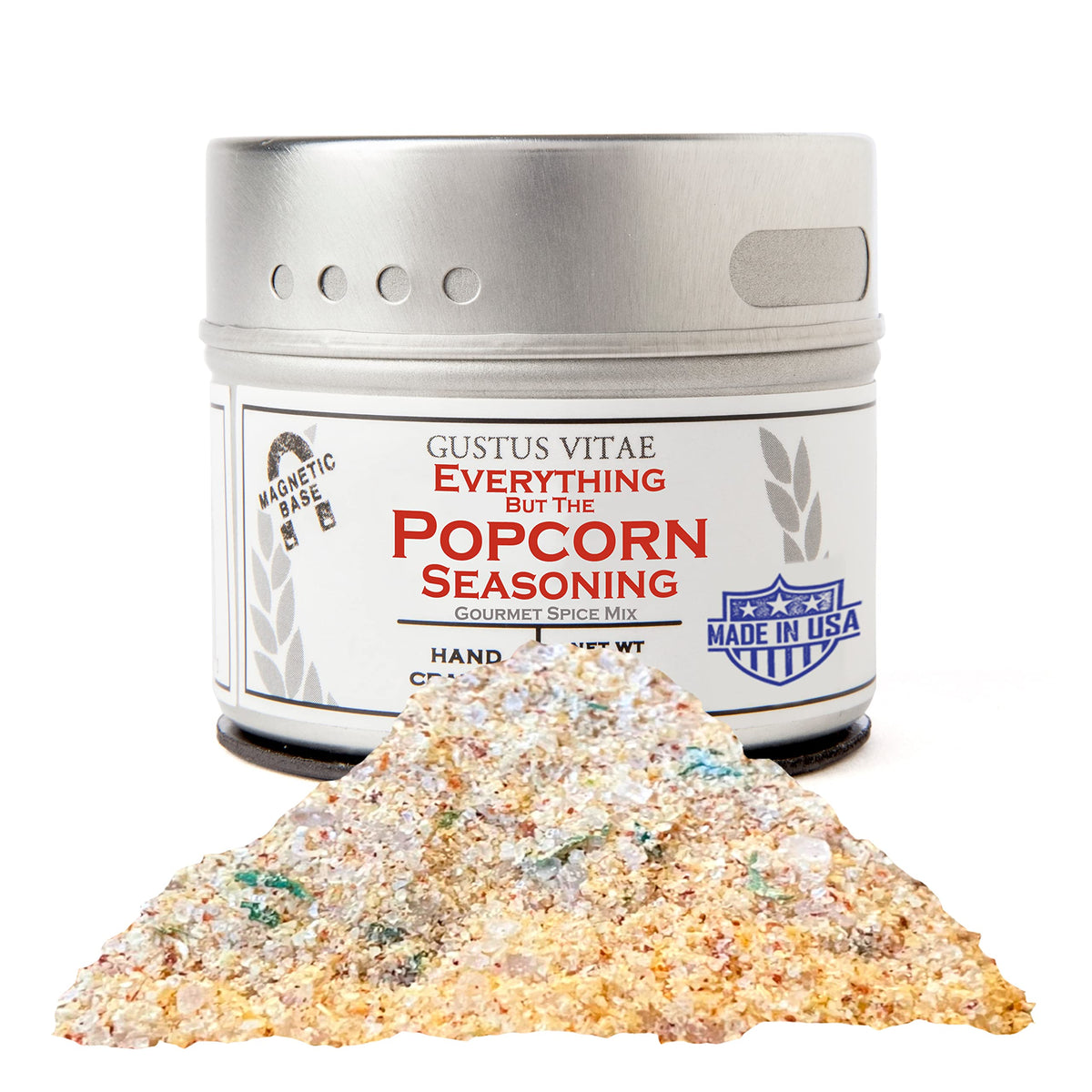 Gustus Vitae Everything But The Popcorn Seasoning tin on fridge for easy access