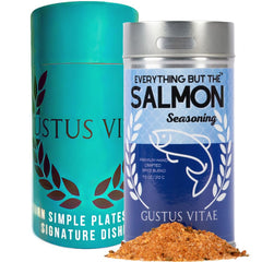 Gustus Vitae Everything But The Salmon Seasoning jar enhances salmon with savory depth.