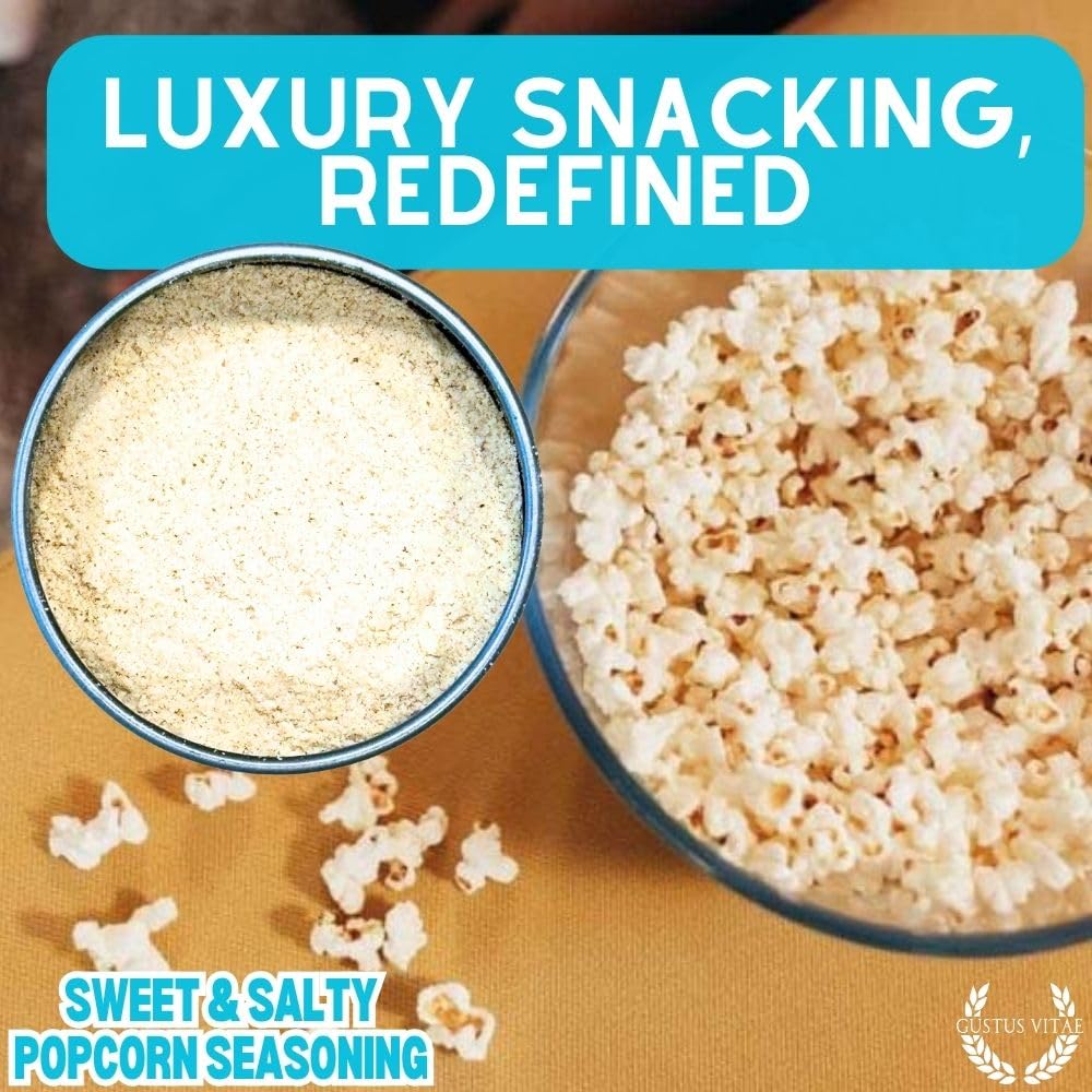 Gustus Vitae Everything But The Sweet and Salty Popcorn Seasoning jar open reveals natural ingredients ready to mix