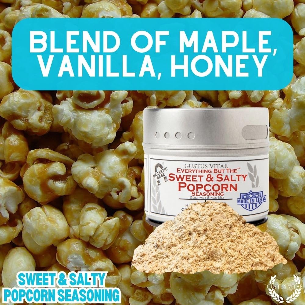 Gustus Vitae Everything But The Sweet and Salty Popcorn Seasoning packaging label highlights clean, non-GMO ingredients