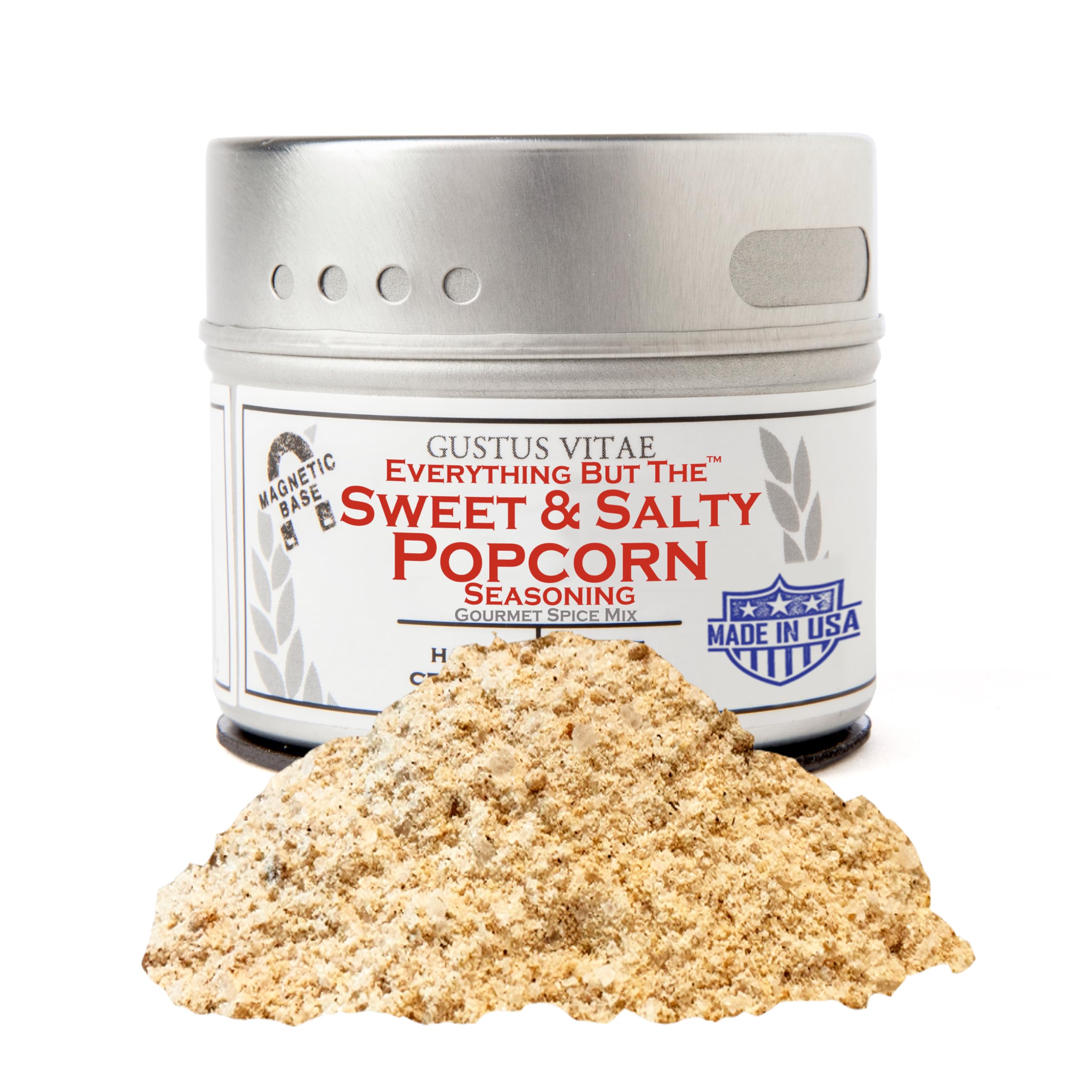 Gustus Vitae Everything But The Sweet and Salty Popcorn Seasoning tin front showcases premium all-natural spices