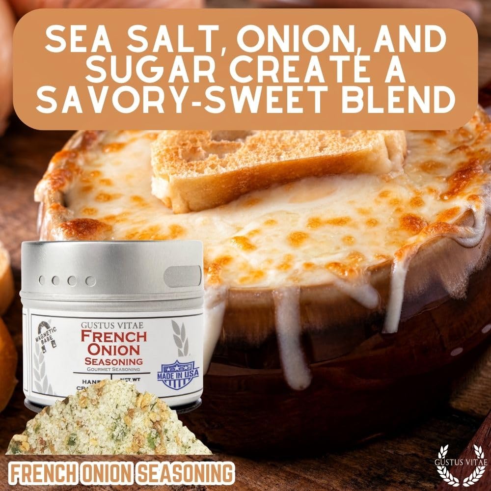 Gustus Vitae French Onion Seasoning bottle pour showing easy access