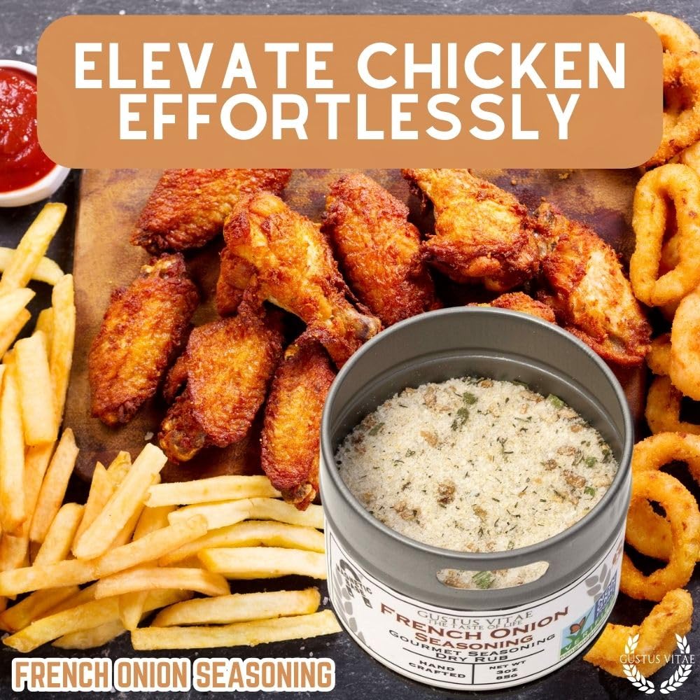 Gustus Vitae French Onion Seasoning on kitchen shelf, sustainable spices