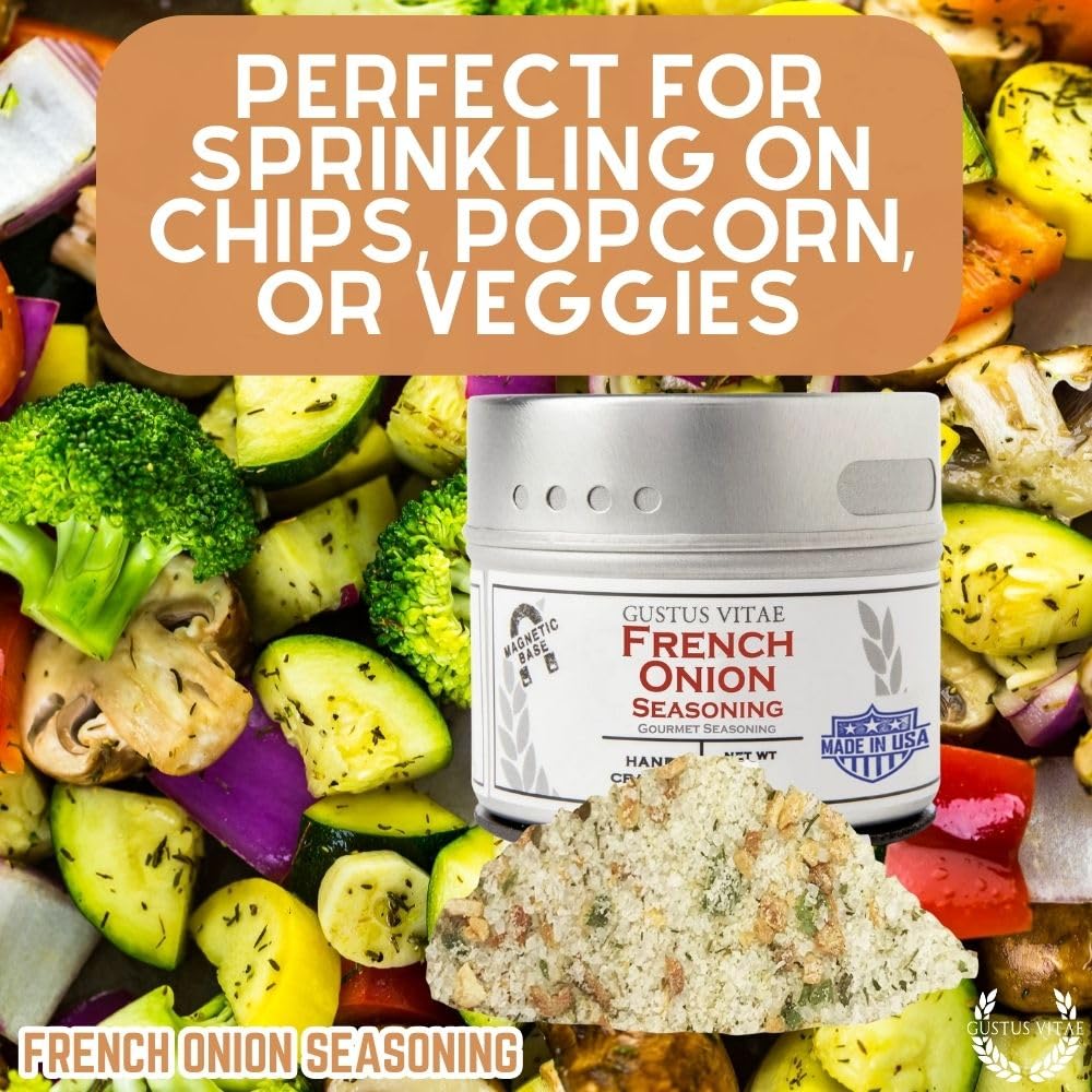 Gustus Vitae French Onion Seasoning spice blend captured in hand