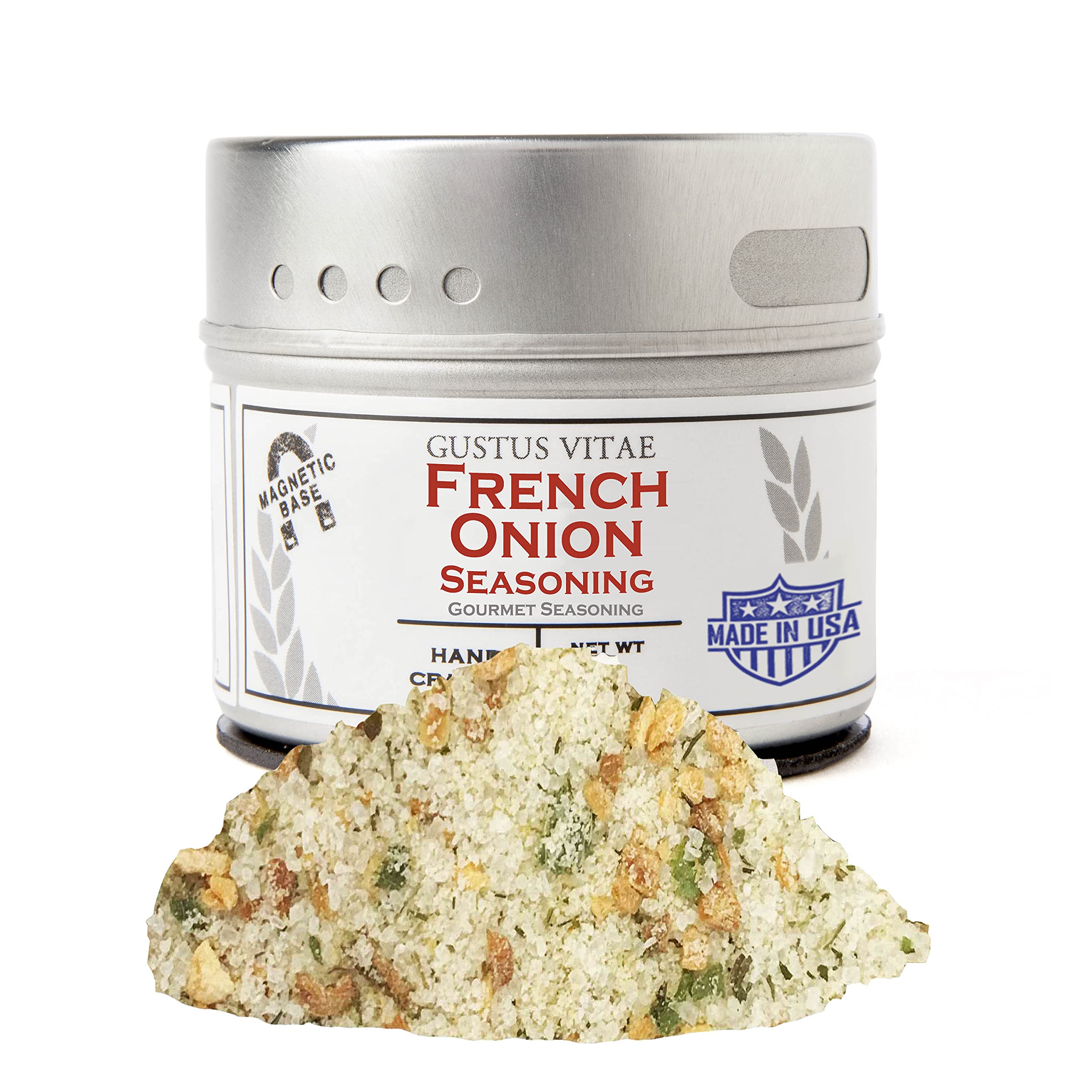 Gustus Vitae French Onion Seasoning tin on counter, premium flavor on display